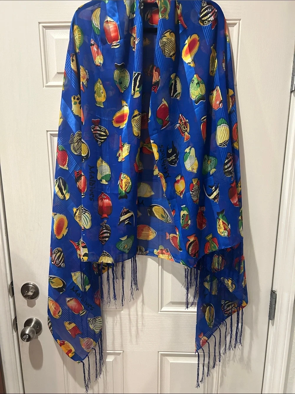 Vibrant Blue Fish Print Fringe Scarf/Shawl